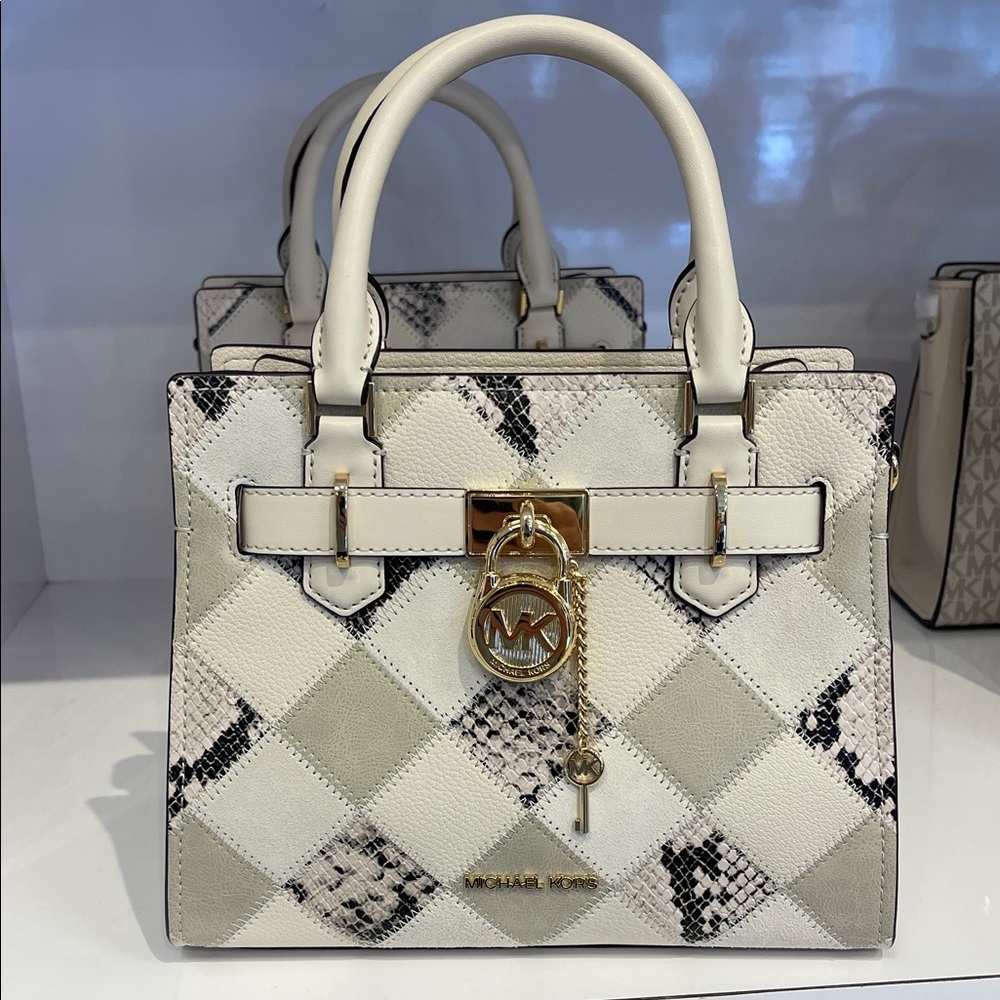 MICHAEL KORS Hamilton Sm Patchwork and Snake Embossed Satchel Crossbody
Natural
